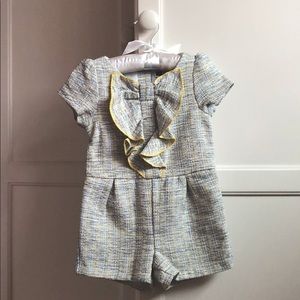 Yellow, white & blue tweed boucle ruffled romper